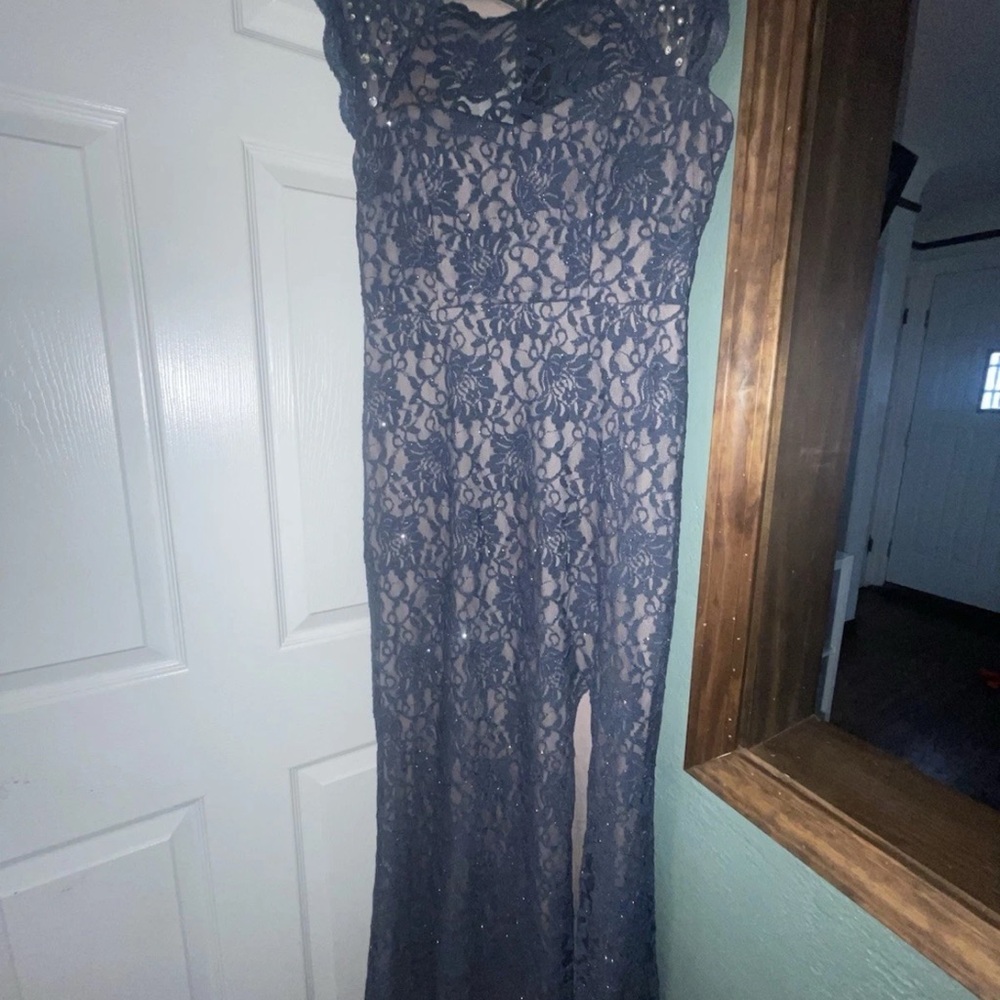 City Triangles Blue Lace Beaded Sequined Maxi Dress